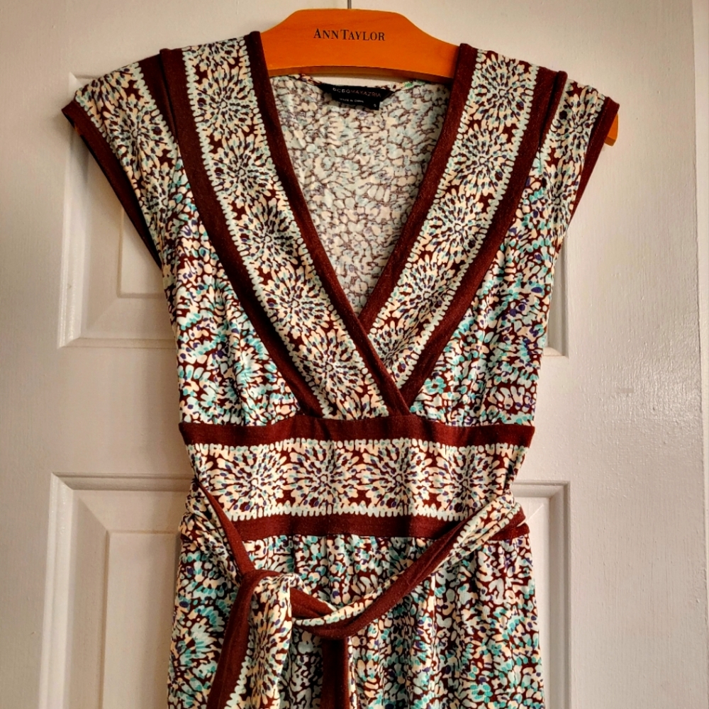 BCBG blue and brown floral pattern dress